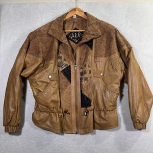 VINTAGE ADA Jacket Womens Large Brown Genuine Leather Patchwork Lined Full Zip‎